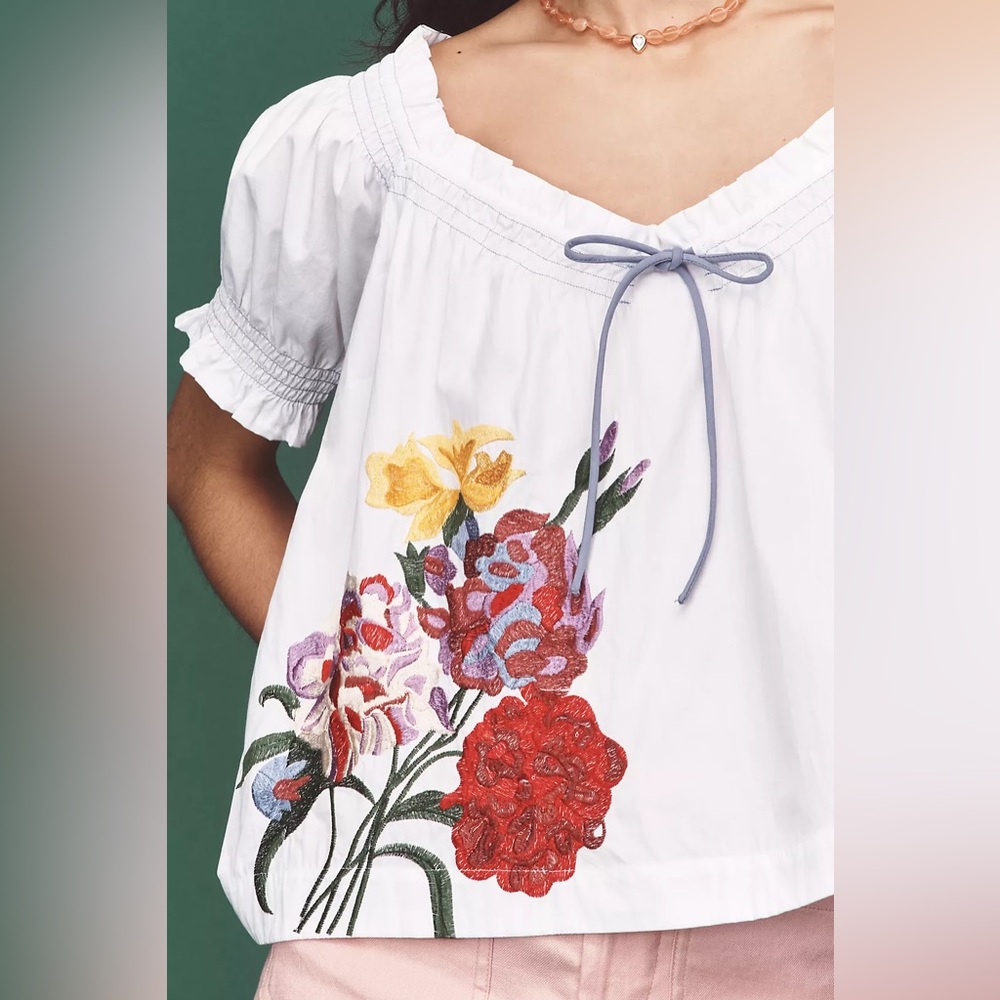 ANTHROPOLOGIE Puff-Sleeve 
Tie-Front Embroidered Blouse, Size S BNWT